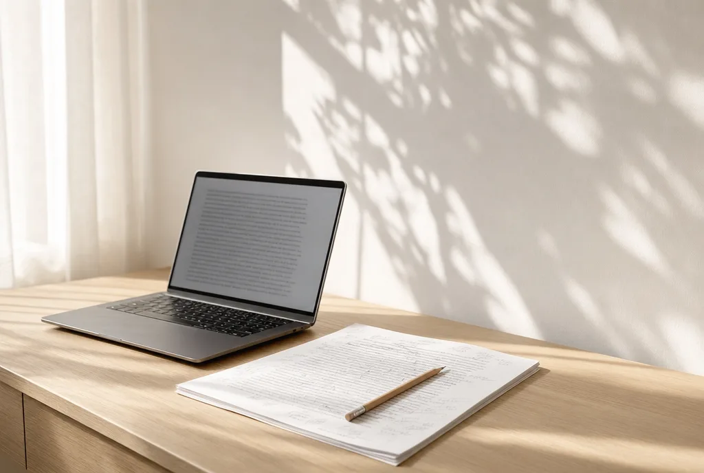 Een laptop met daarnaast een uitgeprint hoofdstuk vol doorhalingen en aantekeningen, op een bureau bij een raam
