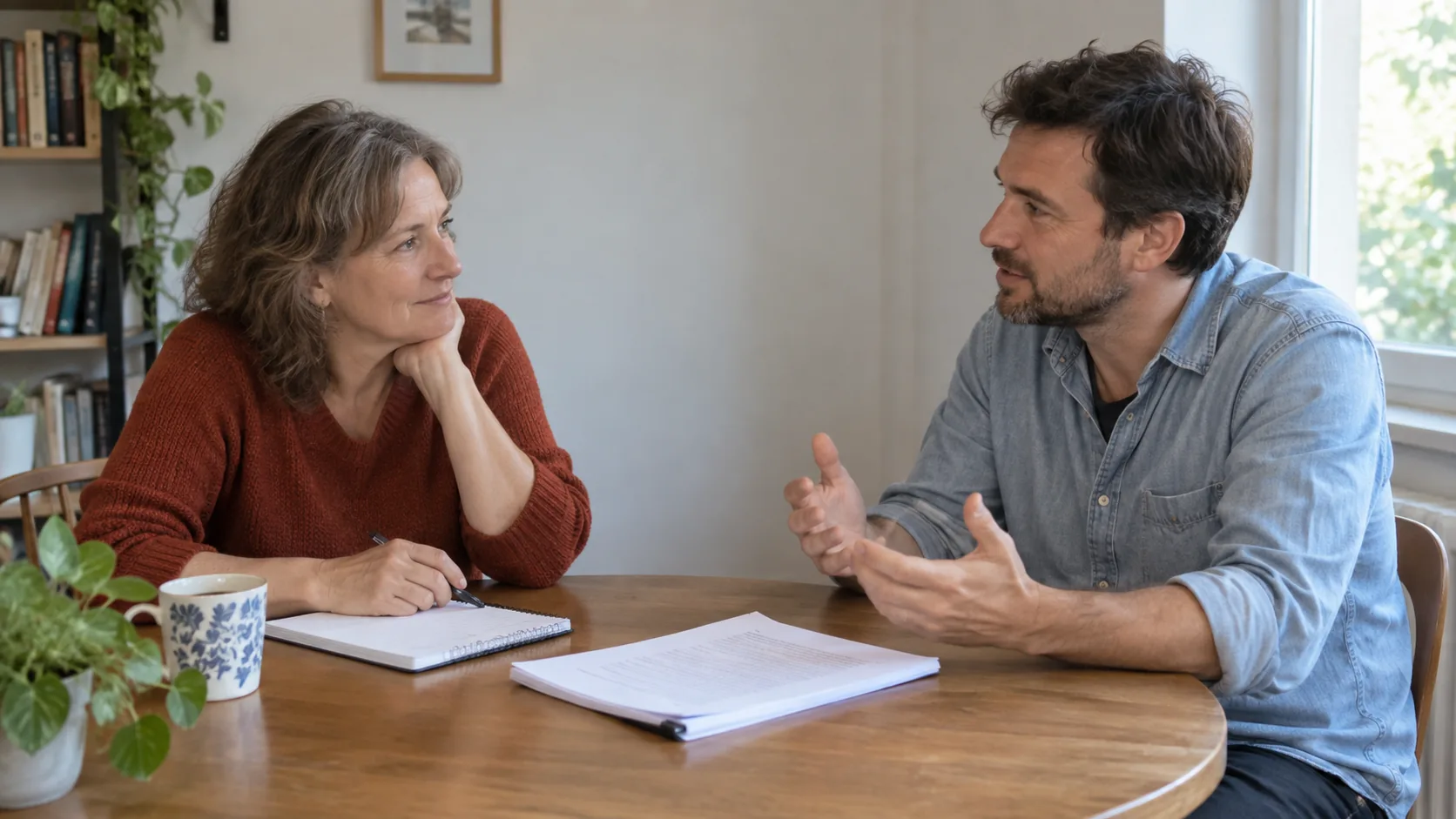 Een schrijver bespreekt zijn manuscript en de gewenste begeleiding met een schrijfcoach.