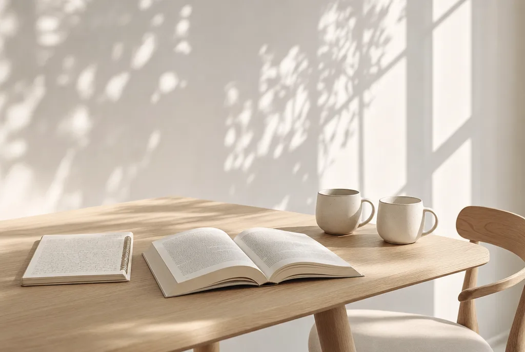 Een houten tafel met een opengeslagen manuscript, een notitieboek vol handschrift en twee mokken, met een teruggeschoven stoel ernaast