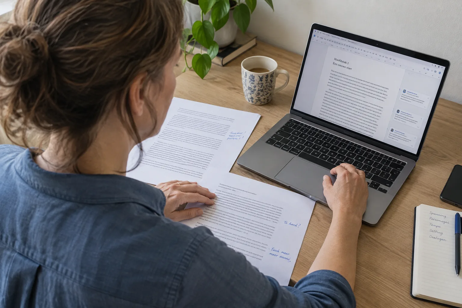 Een schrijfcoach geeft feedback op een manuscript, gezien van schuin boven en achteren.