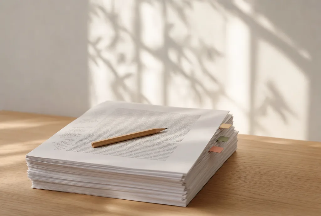 Een stapel losse manuscriptvellen op een houten tafel, met een potlood op de bovenste pagina en drie gekleurde markeerstrookjes langs de zijkant