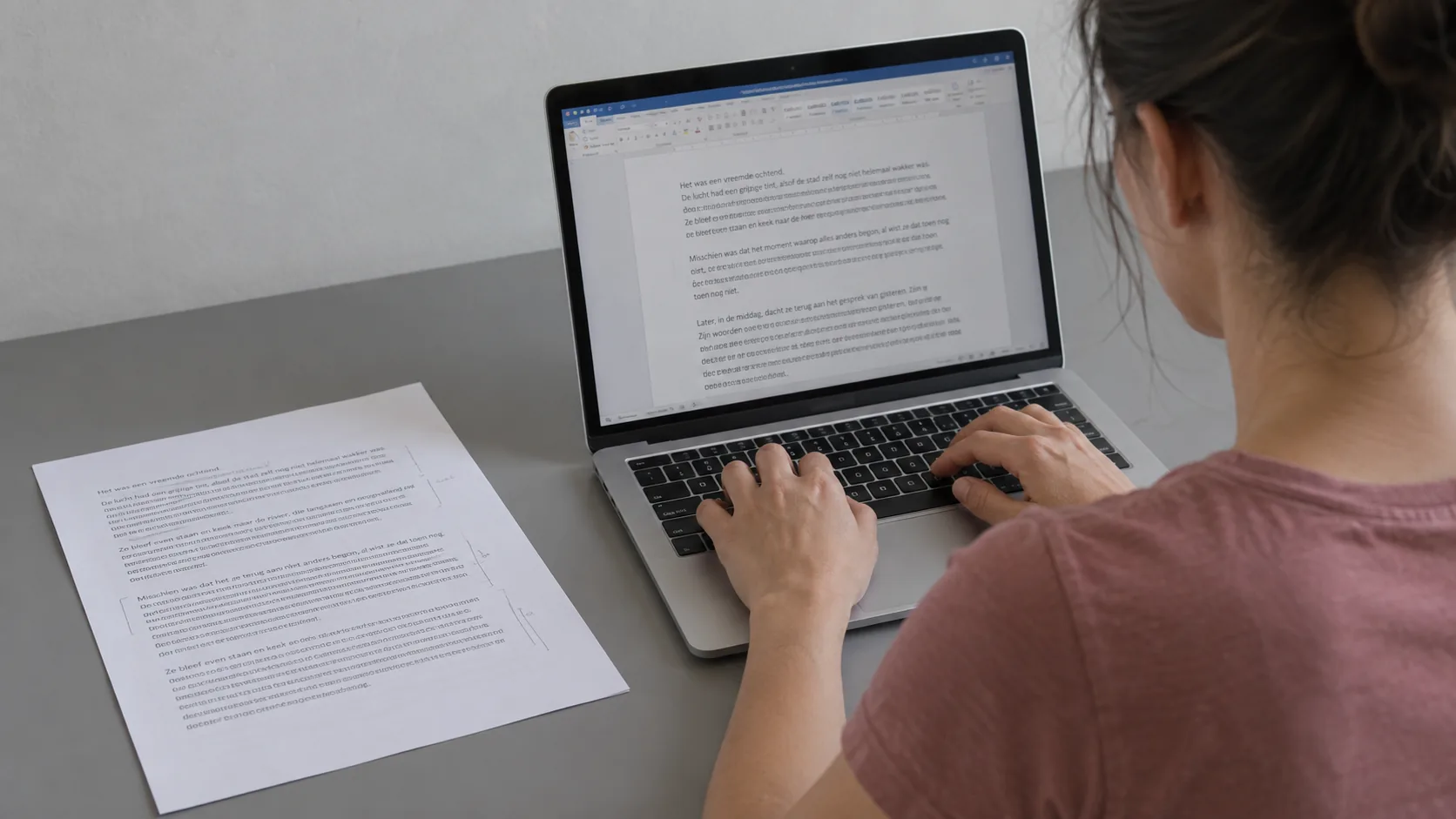 Een schrijfster verwerkt feedback op haar laptop met het besproken hoofdstuk ernaast.