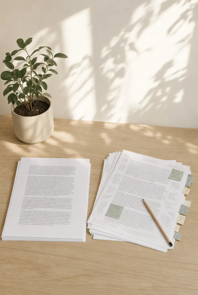 Links een stapel getypte manuscriptvellen, rechts dezelfde vellen vol handgeschreven aantekeningen in de kantlijn met gekleurde memoblaadjes langs de rand