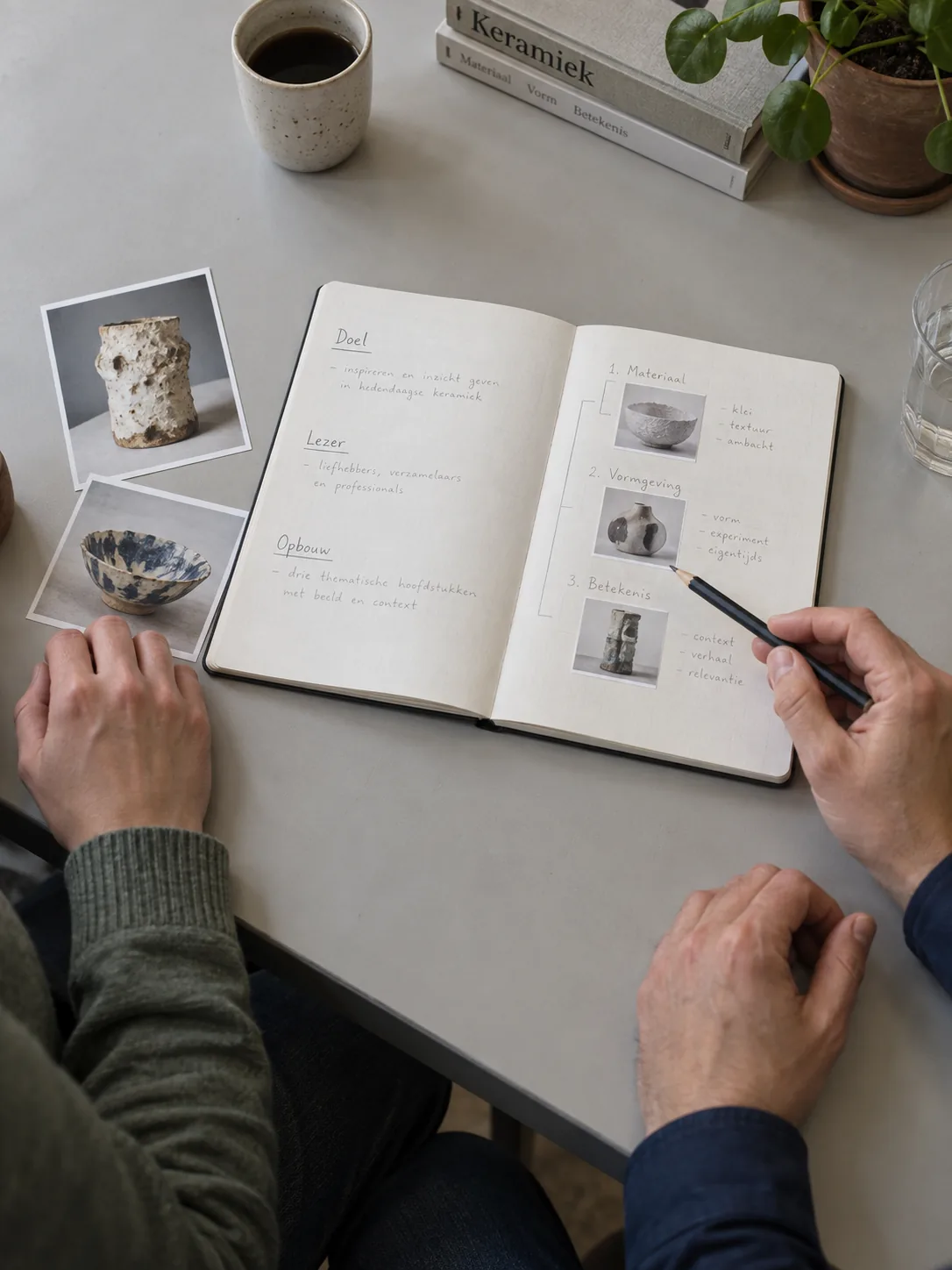 Twee mensen bespreken doel, lezer en hoofdstukopbouw in een notitieboek met beeldmateriaal.