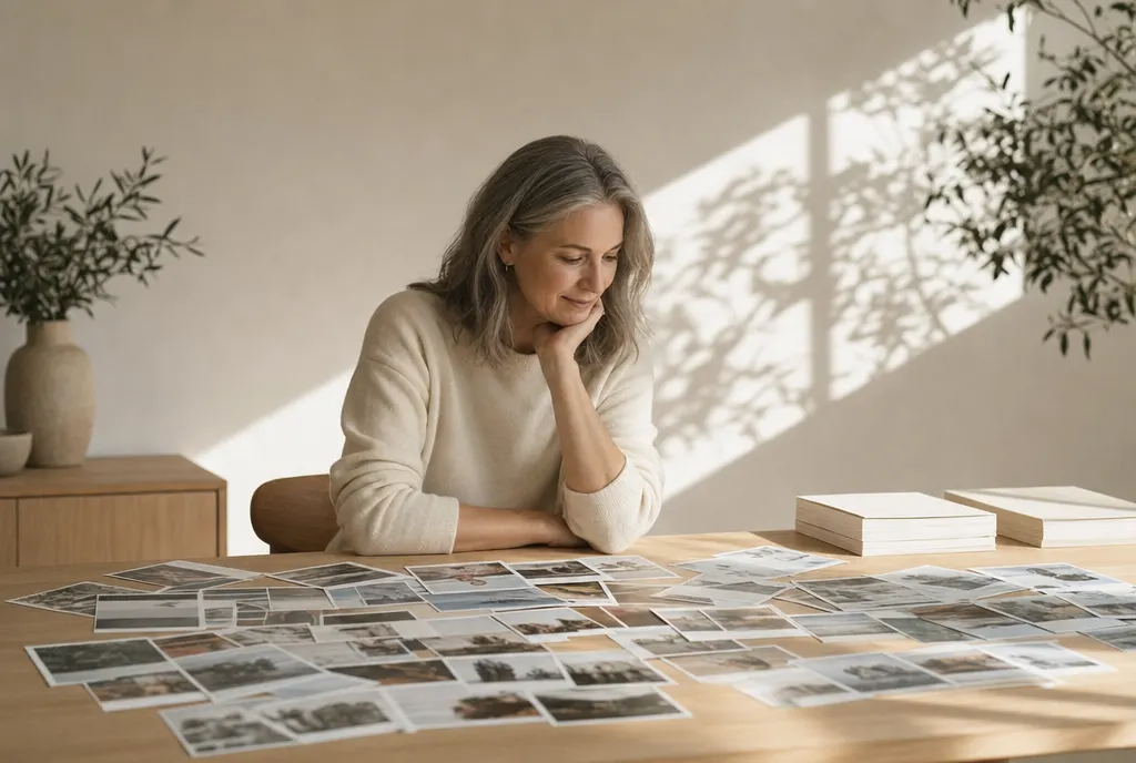 Een auteur zit aan een tafel die helemaal bedekt is met losse afdrukken en kijkt ernaar, met twee stapels blanco pagina's op de rand van de tafel