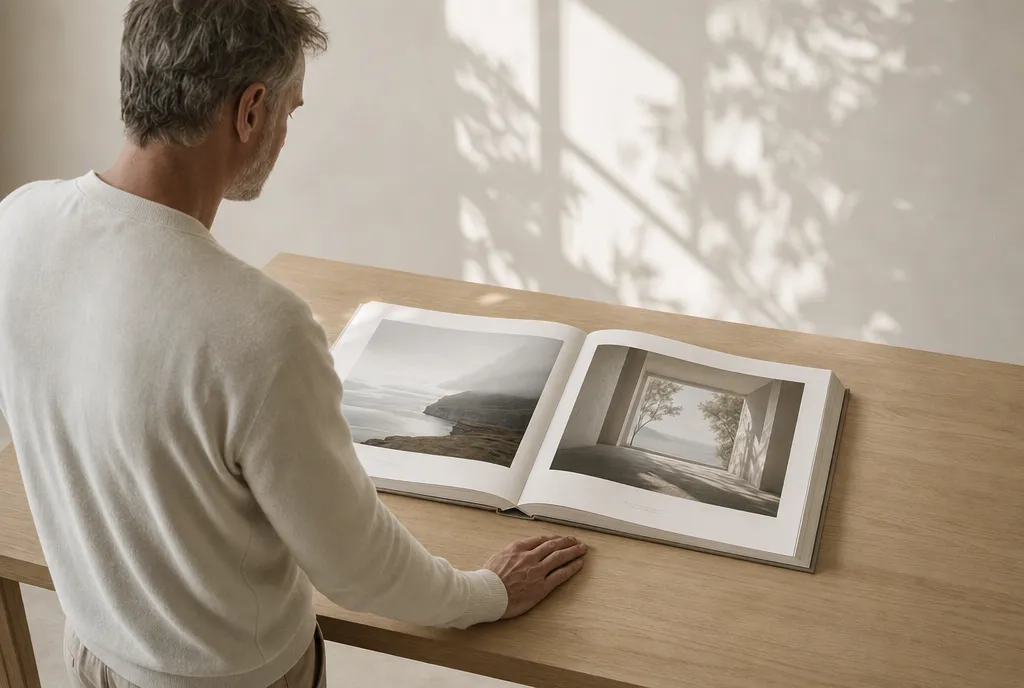 Over de schouder van een man gezien ligt een groot liggend beeldboek opengeslagen en vlak op een eiken tafel, met de rug verticaal door het midden. Zijn hand ligt plat naast het boek op het tafelblad en op beide pagina's staat een grote foto, rechtop vanuit zijn gezichtspunt.