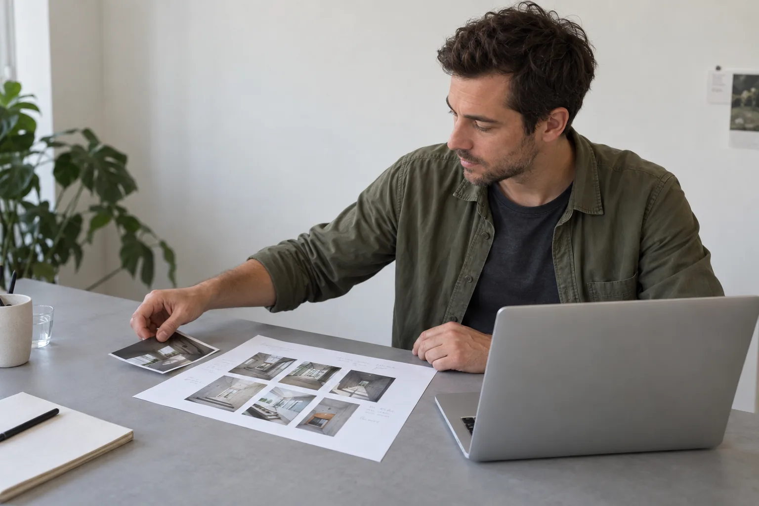 Een man selecteert foto’s voor een boekconcept aan een bureau met een laptop en beeldplan.