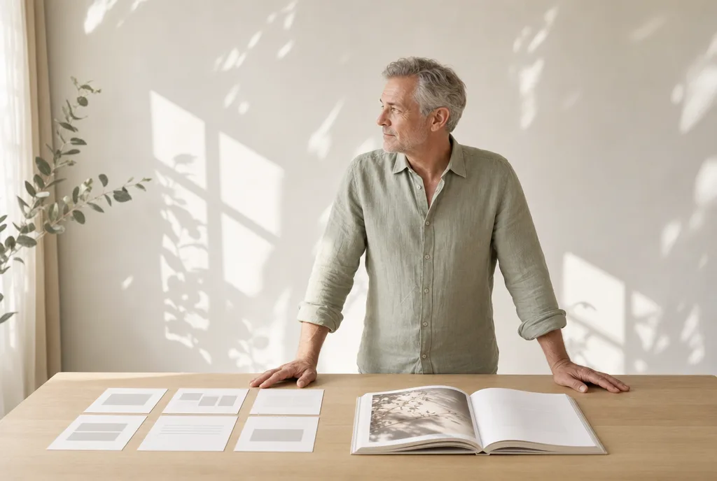 Een vormgever bekijkt zes mogelijke pagina-indelingen naast een opengeslagen kunstboek op een werktafel