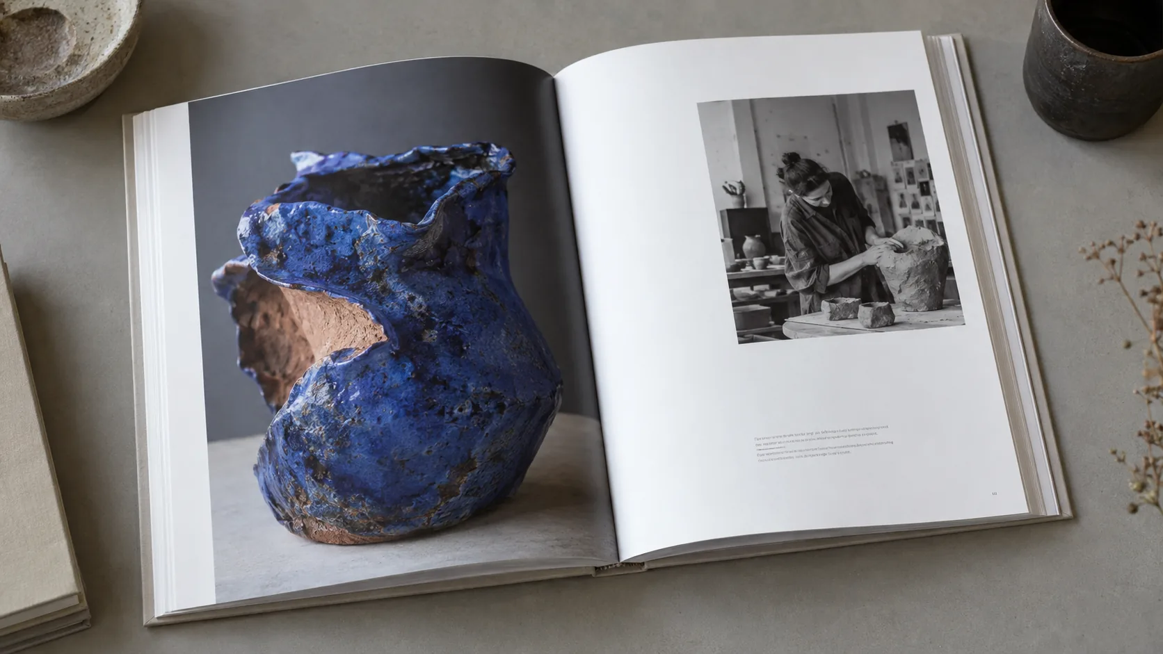 Een kunstboek verbindt een groot afgebeeld keramisch werk met een kleinere foto van het maakproces.