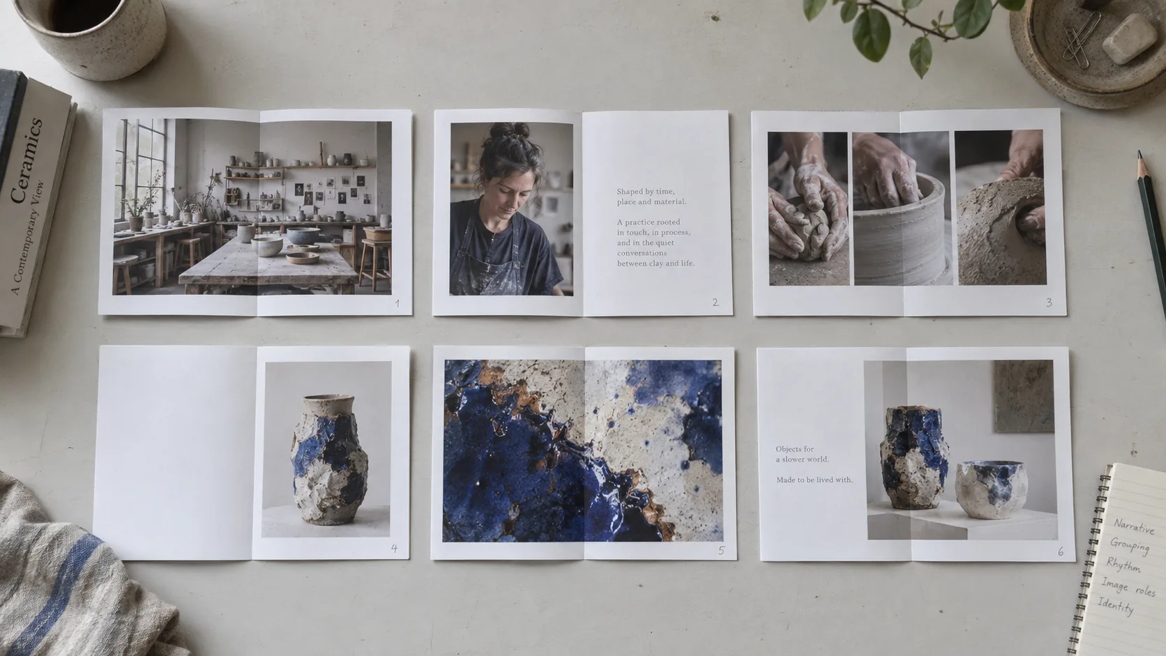 Zes proefspreads tonen de afwisseling tussen overzicht, portret, proces, rust en detail in een kunstboek.