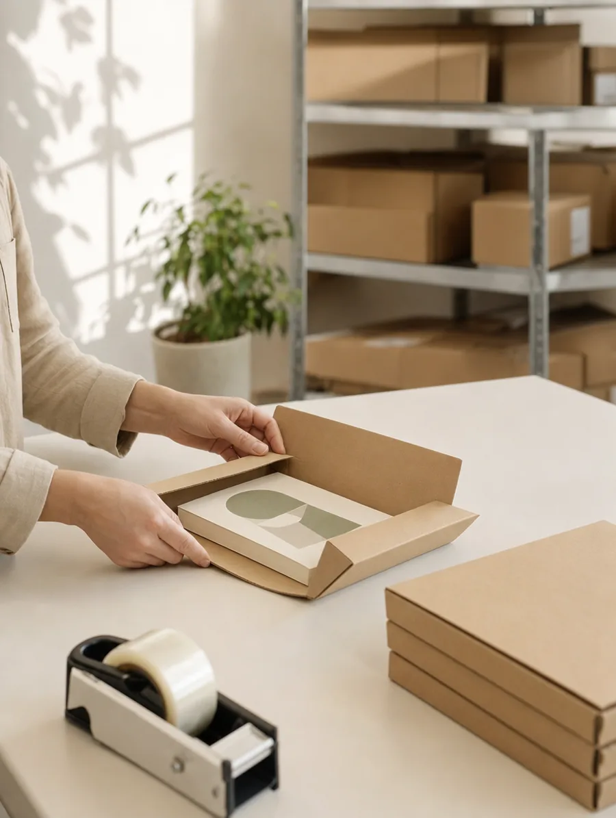 Een boek wordt aan een inpaktafel van een fulfillmentbedrijf in een kartonnen verzendverpakking gevouwen.
