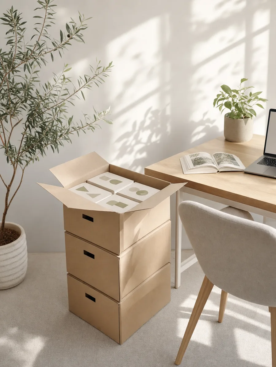 Een stapel kartonnen dozen met boeken naast een bureau in een werkkamer thuis; de bovenste doos is open.
