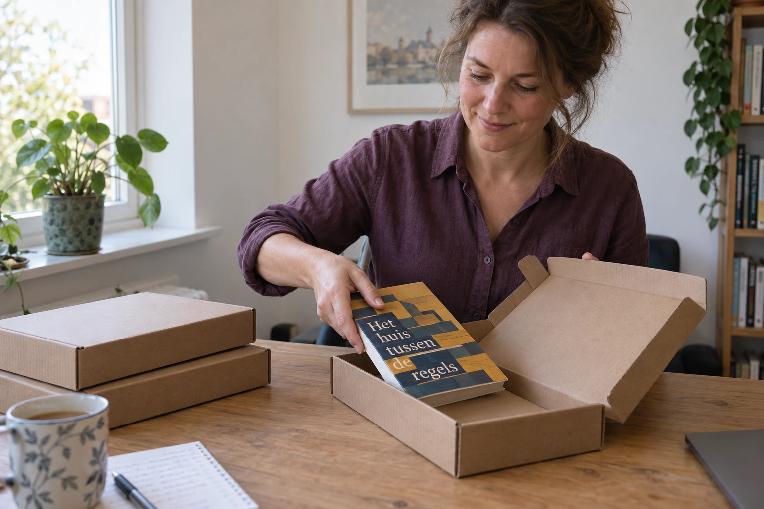Een auteur legt een boek in een verzenddoos, klaar voor verzending.