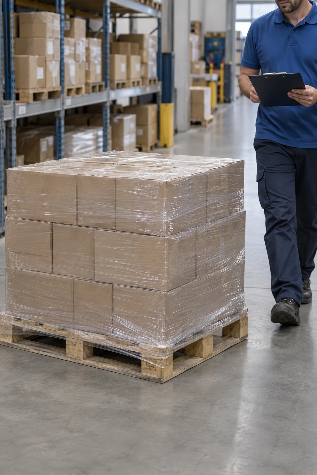Een pallet met ingepakte boekendozen staat in een distributiemagazijn.
