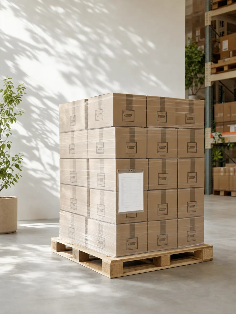 Een houten pallet met dozen boeken, gewikkeld in folie, in een gangpad van een distributiemagazijn.