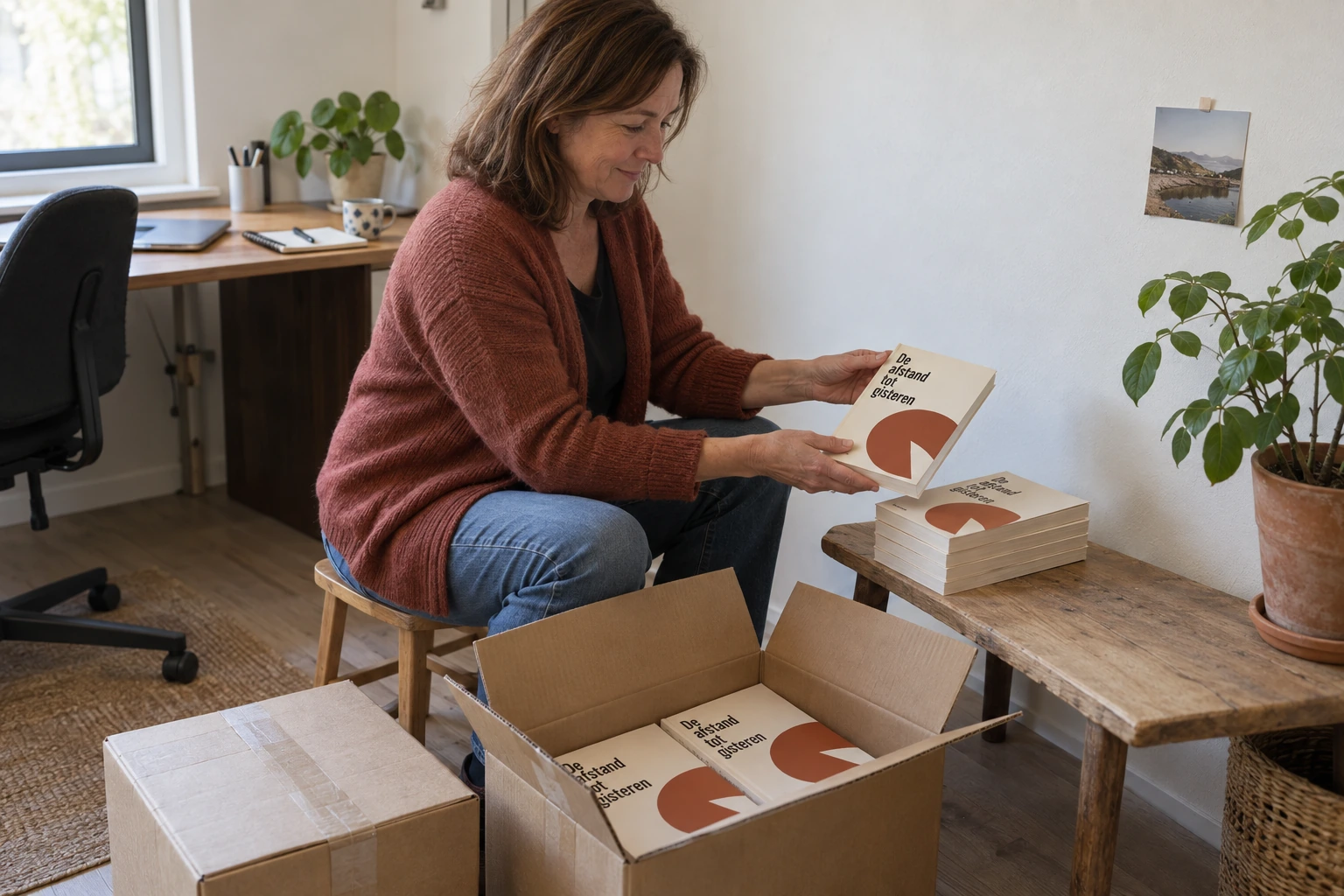 Een auteur pakt thuis haar geleverde boeken uit en legt ze op een bankje.