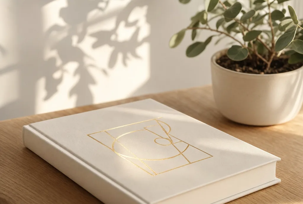 Close-up van een crèmekleurig omslag waarop een geometrisch teken in goudfolie is aangebracht; het goud vangt het raamlicht en licht op tegen het matte papier eromheen.