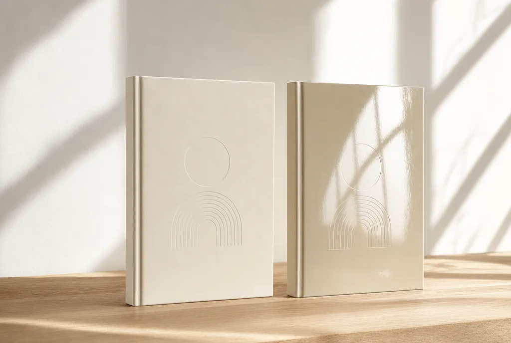 Twee identieke crèmekleurige boeken naast elkaar op een eiken tafel. Op het linkerexemplaar dooft het licht in het matte omslag, op het rechterexemplaar weerkaatst het raam als een lichte baan over het glanzende omslag.