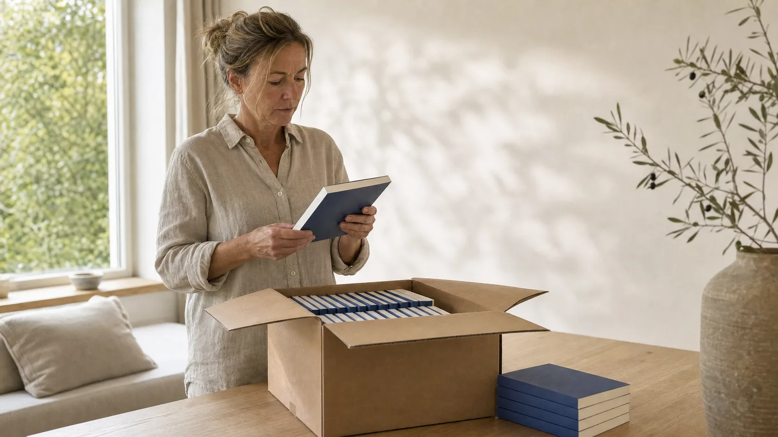 Een vrouw bekijkt het eerste exemplaar uit een net geopende doos met haar gedrukte boeken