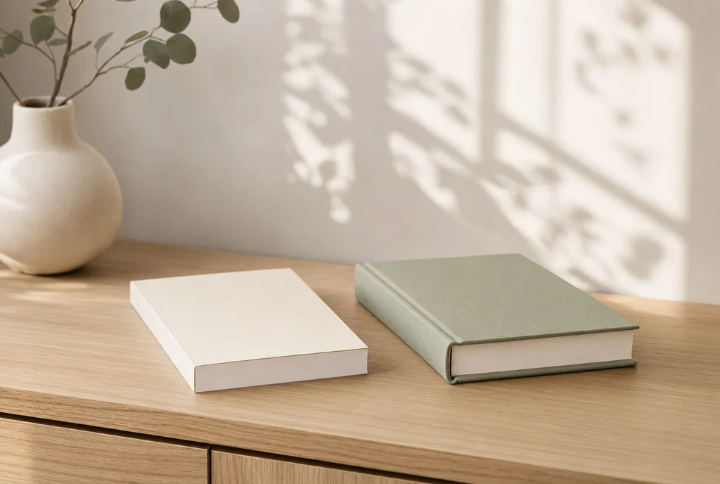 Twee exemplaren van hetzelfde boek naast elkaar op een tafel: links een softcover met een flexibel omslag en een vlakke rug, rechts een hardcover met een kartonnen band die aan alle kanten iets over het binnenwerk steekt