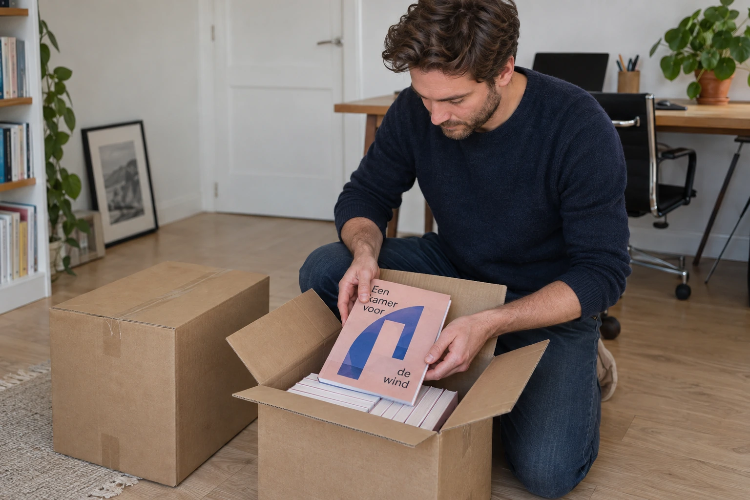 Een auteur pakt zijn gedrukte boeken in een boekendoos.