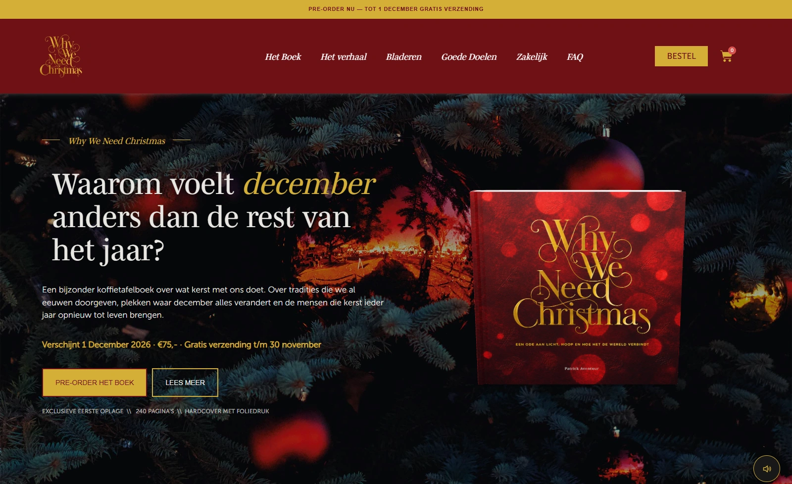 De homepage van Why We Need Christmas met het boek en de mogelijkheid om een pre-order te plaatsen