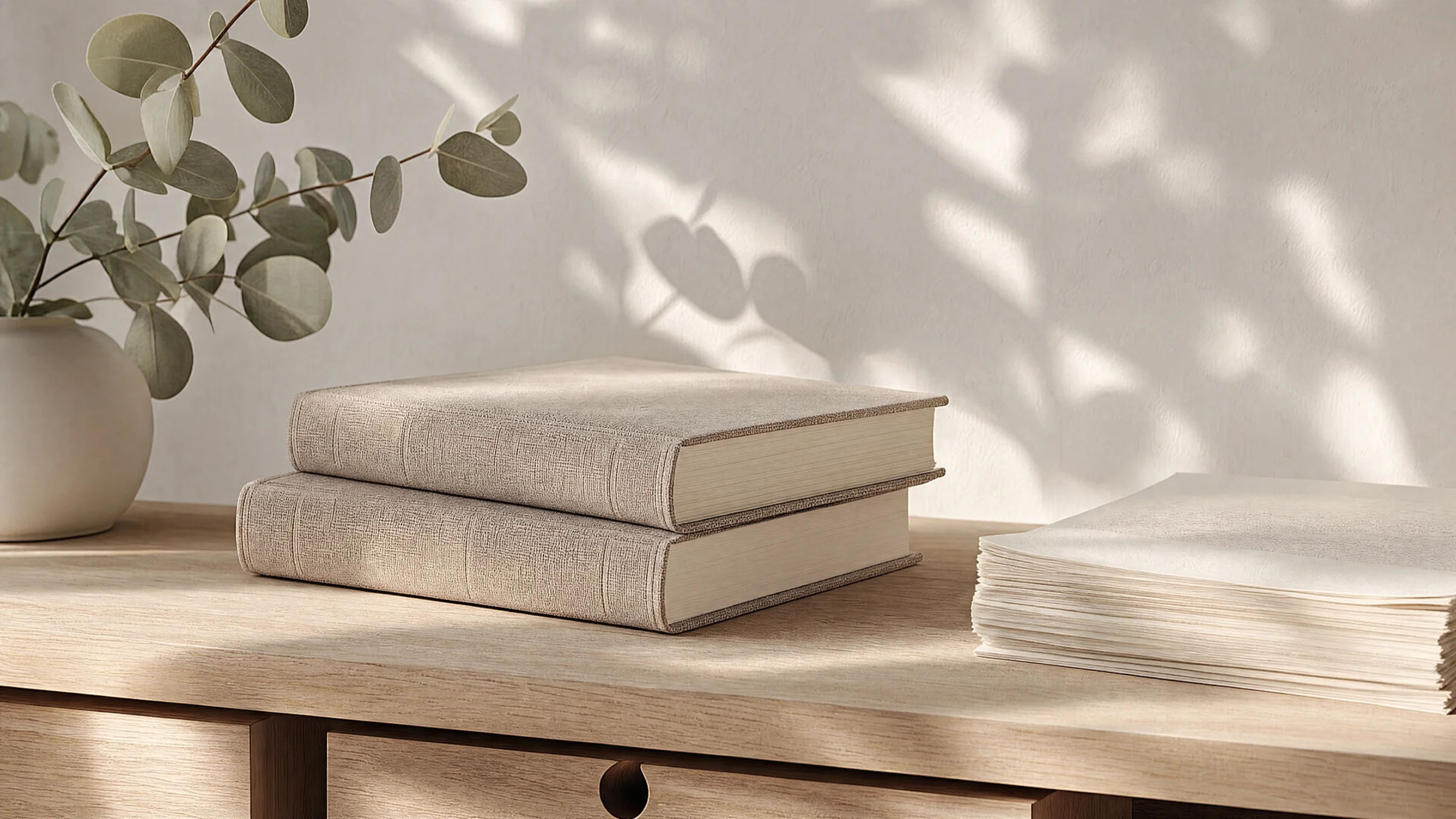 Twee linnen hardcovers en gedrukte vellen op een lichte werkbank