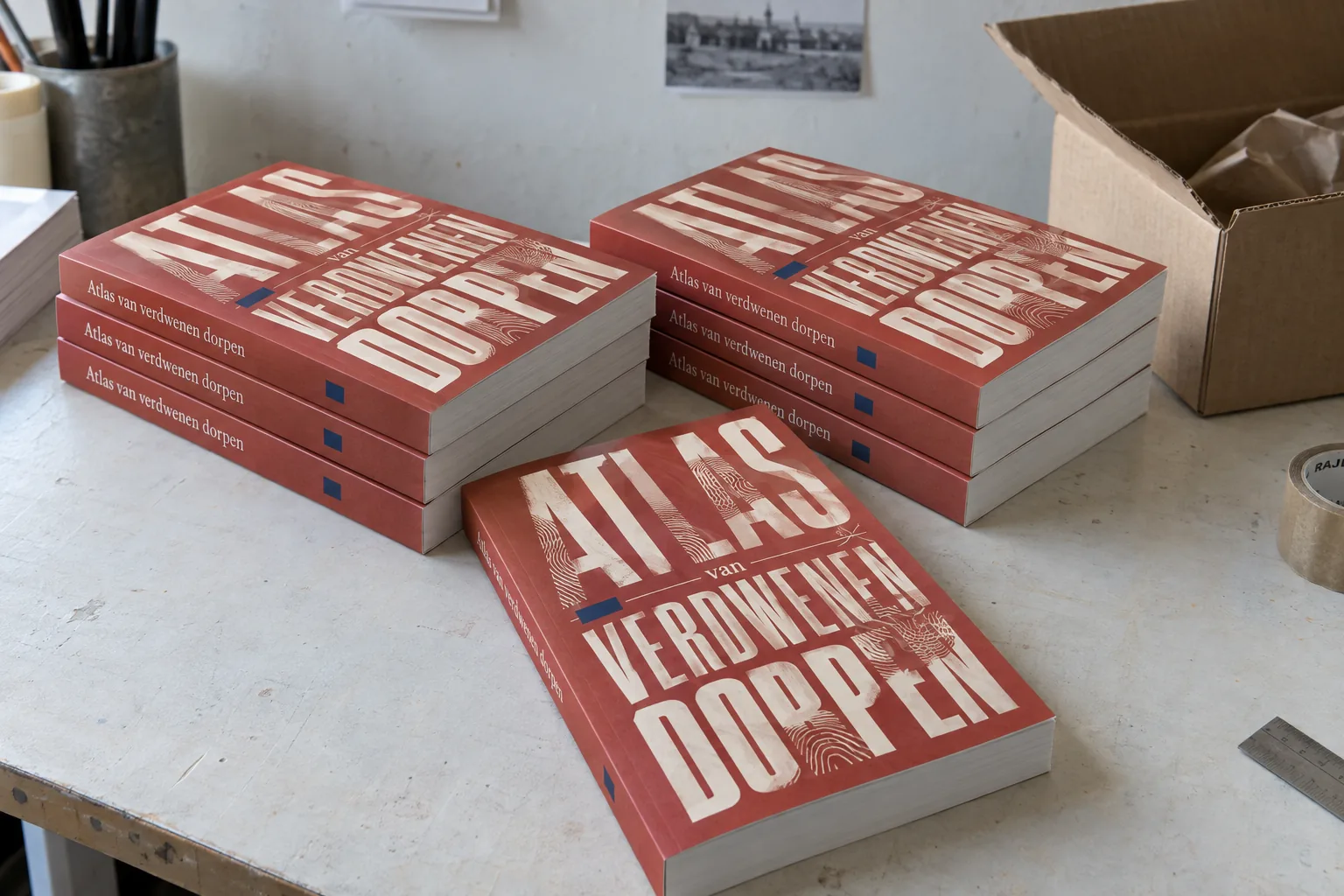 Stapels vers gedrukte boeken met een typografisch omslag op een werktafel.