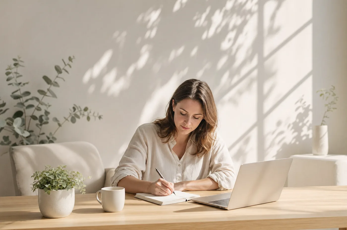 Auteur werkt aan haar manuscript aan een bureau bij het raam