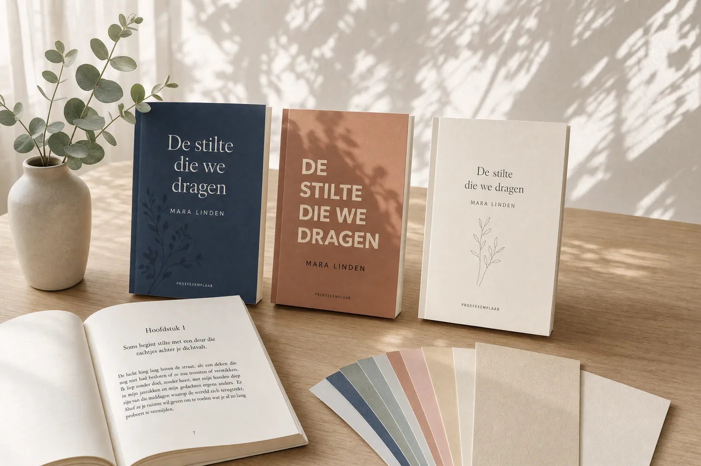 Drie omslagproeven van hetzelfde boek in verschillende ontwerpen, met kleurstalen en een opengeslagen boek dat het binnenwerk toont