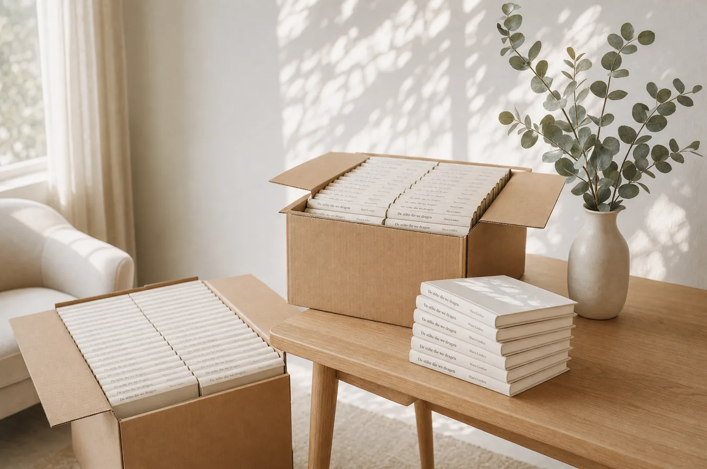 Dozen vol vers gedrukte boeken uit de oplage, naast een stapel op een lichte tafel