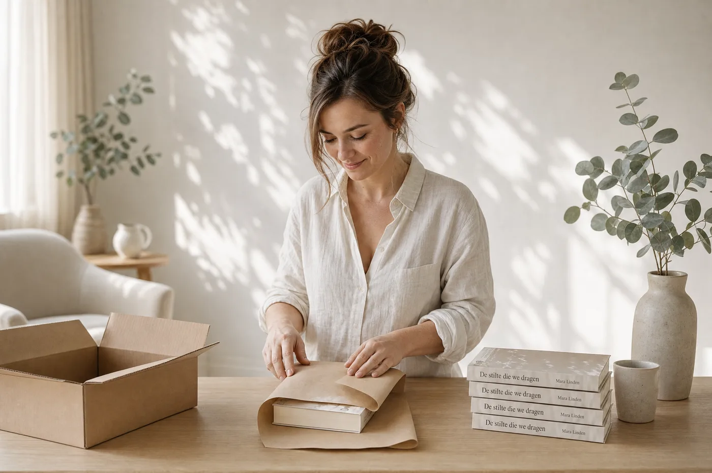 Een auteur verpakt een verkocht exemplaar van haar boek in kraftpapier voor verzending