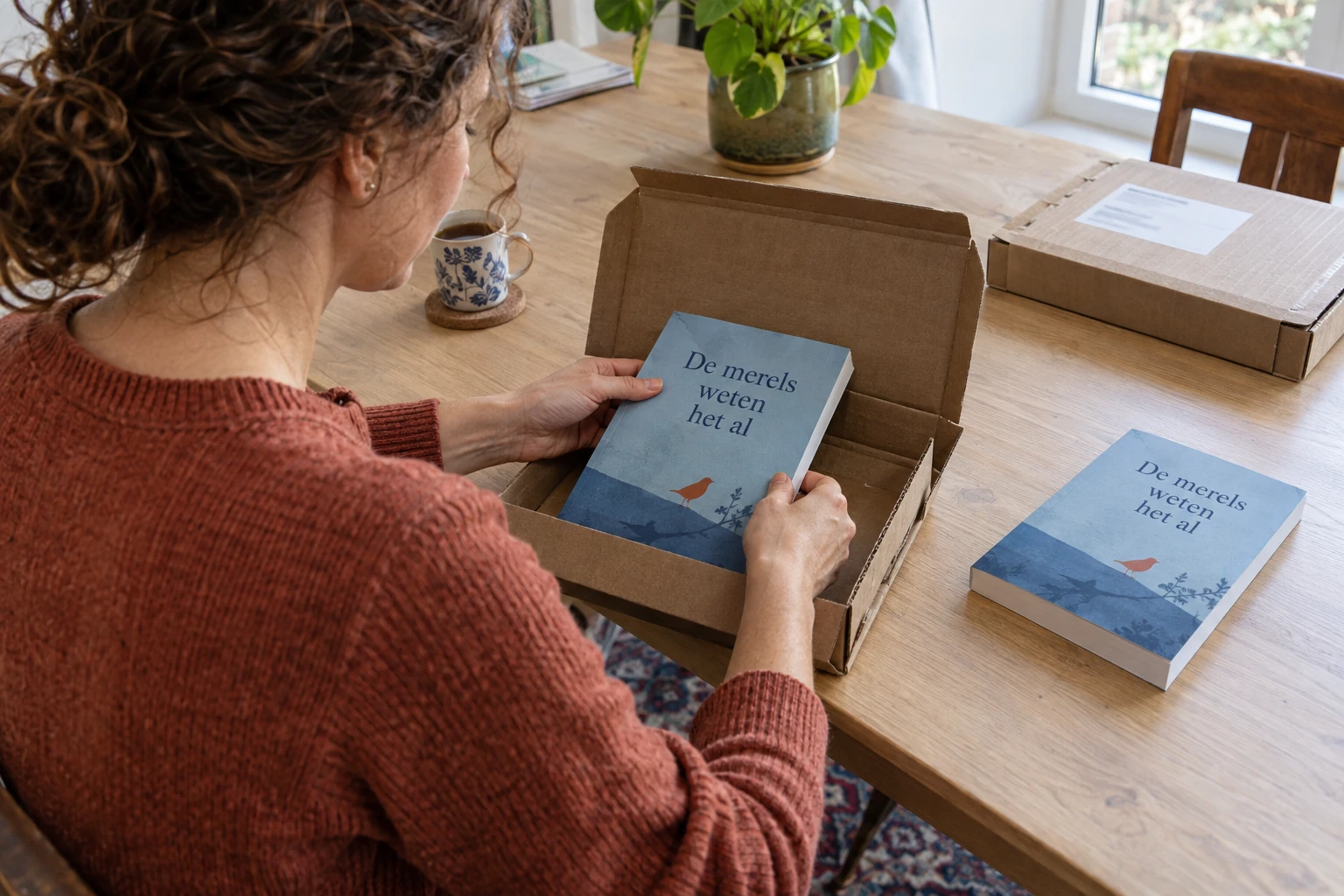 Een auteur verpakt een boek in een kartonnen boekverpakking voor verzending.