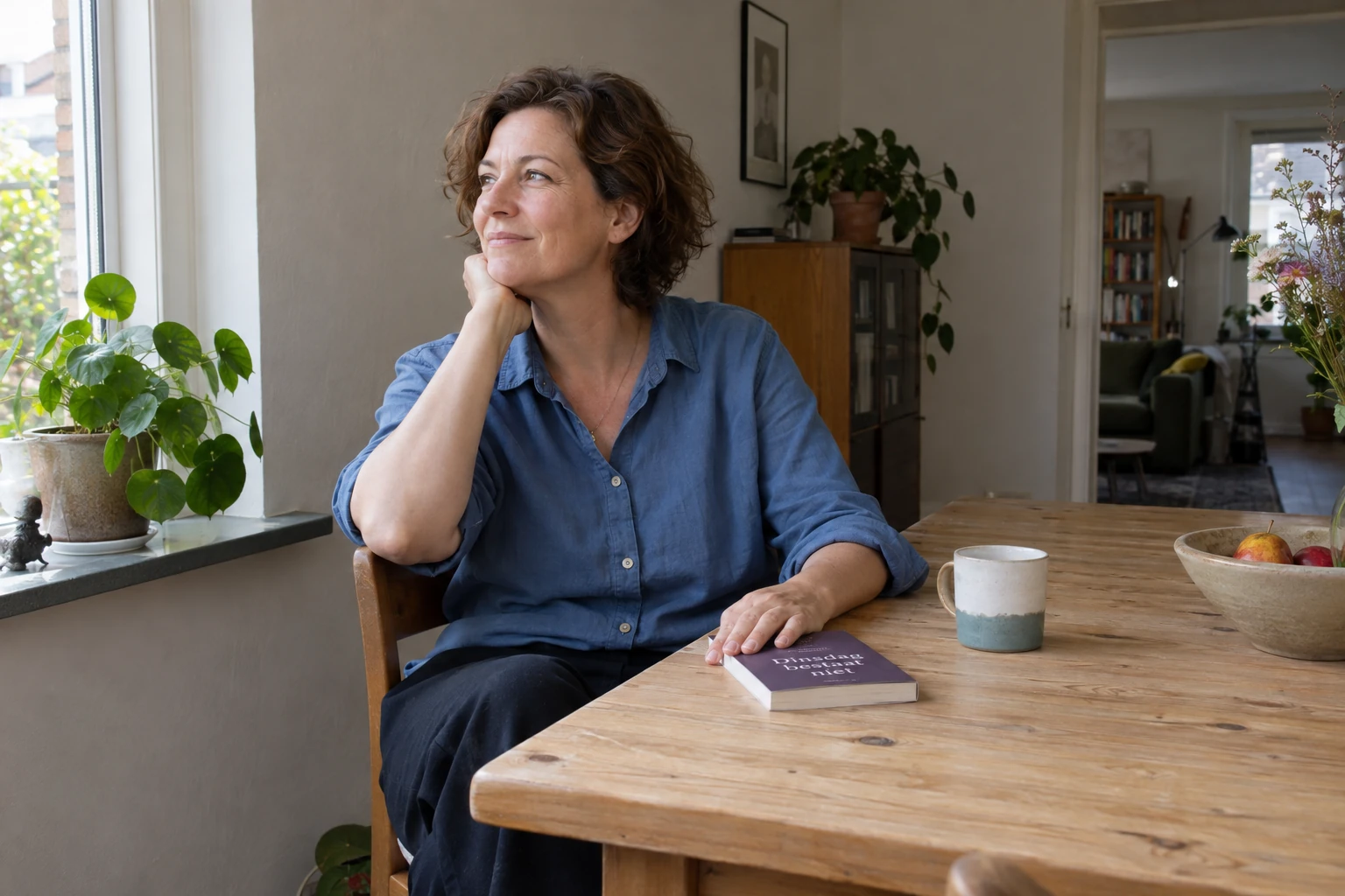 Een auteur zit ontspannen aan tafel met haar zelf uitgegeven boek naast zich.