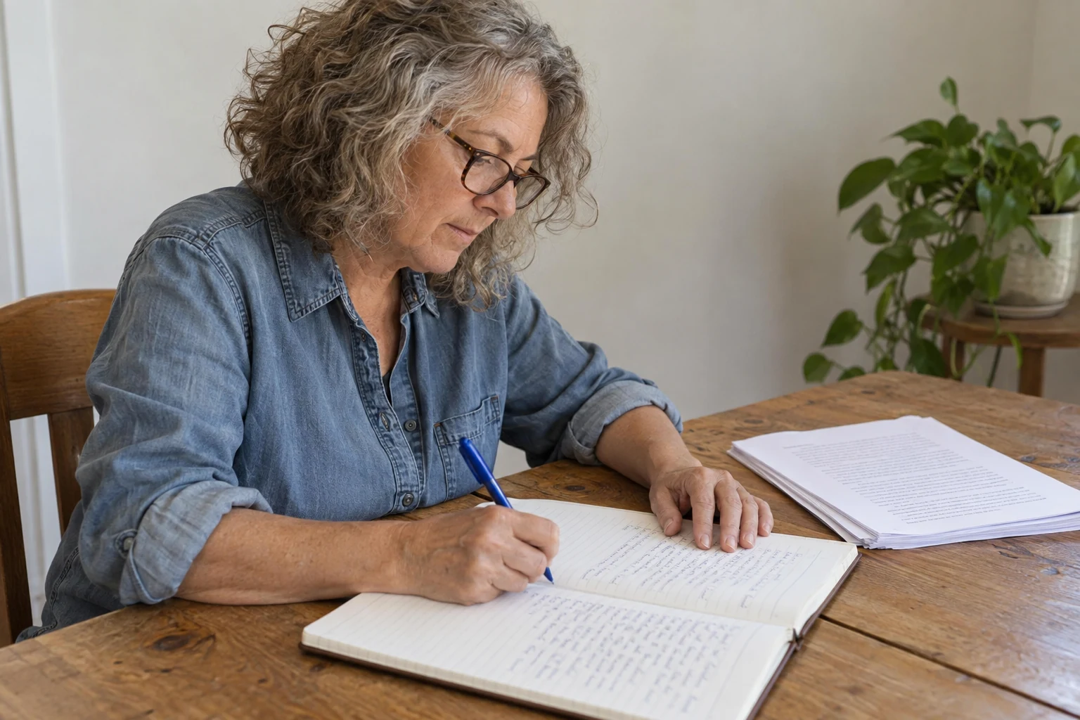 Een auteur schrijft met de hand aan haar manuscript, met geprinte pagina’s naast haar.