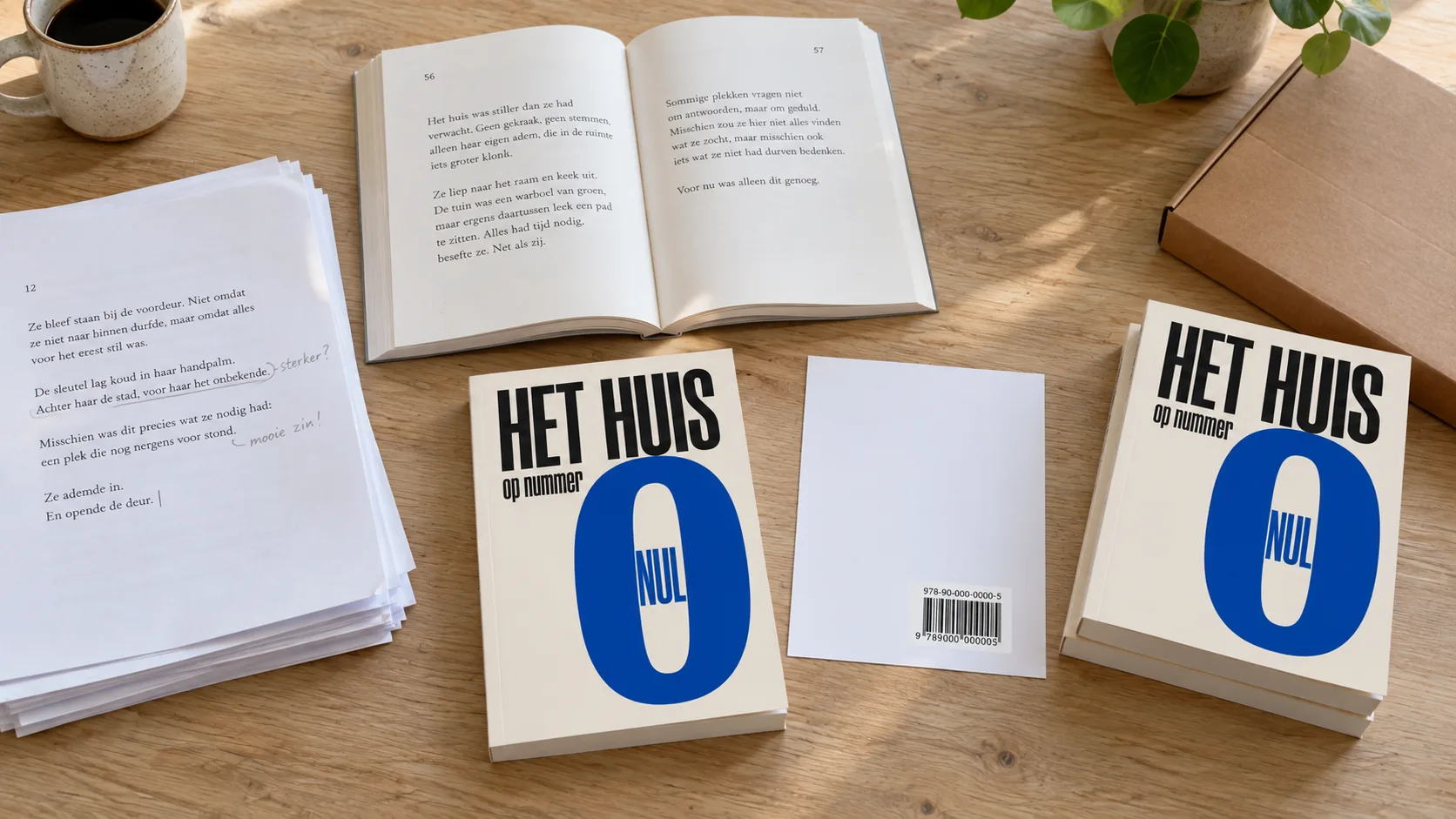 Van manuscript naar boek: correcties, omslag, een losse ISBN-print en boeken in een verzendverpakking.