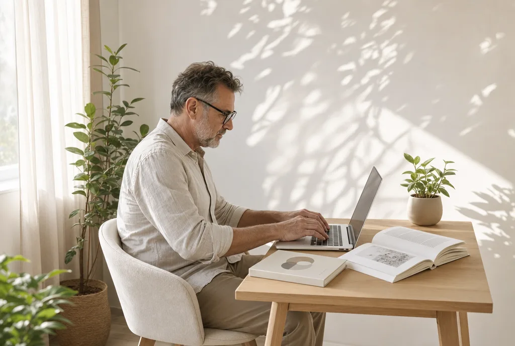Een auteur vult achter zijn laptop de gegevens van zijn boek in, met zijn drukproef naast zich.