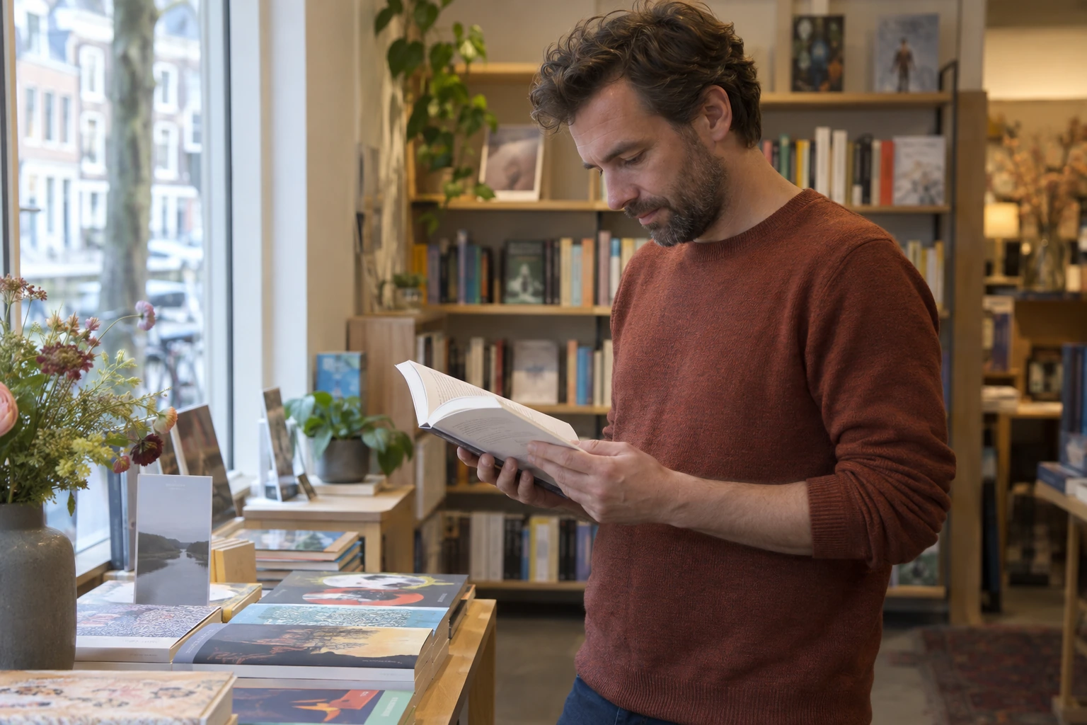 Een bezoeker bladert door een boek in een rustige boekhandel.