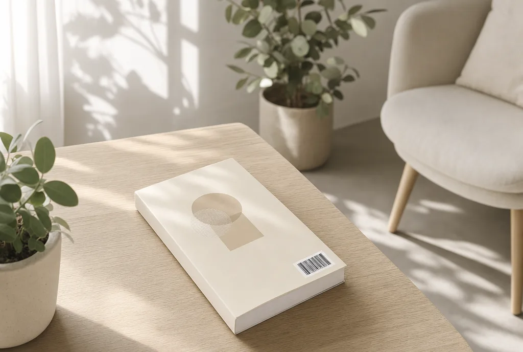 De achterkant van een paperback met de ISBN-barcode rechtsonder, op een houten tafel.