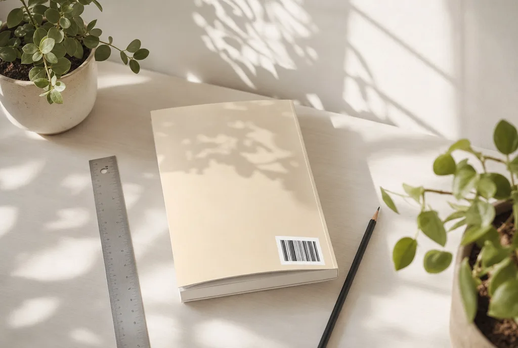 Een omslagproef van de achterkant van een boek met de ISBN-barcode, op een werktafel met liniaal en potlood.