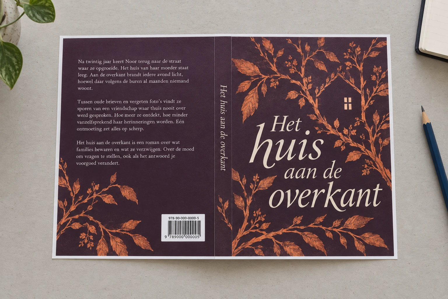 Een omslagproef met een botanisch coverontwerp, een volledige achterflaptekst en een ISBN-barcode.