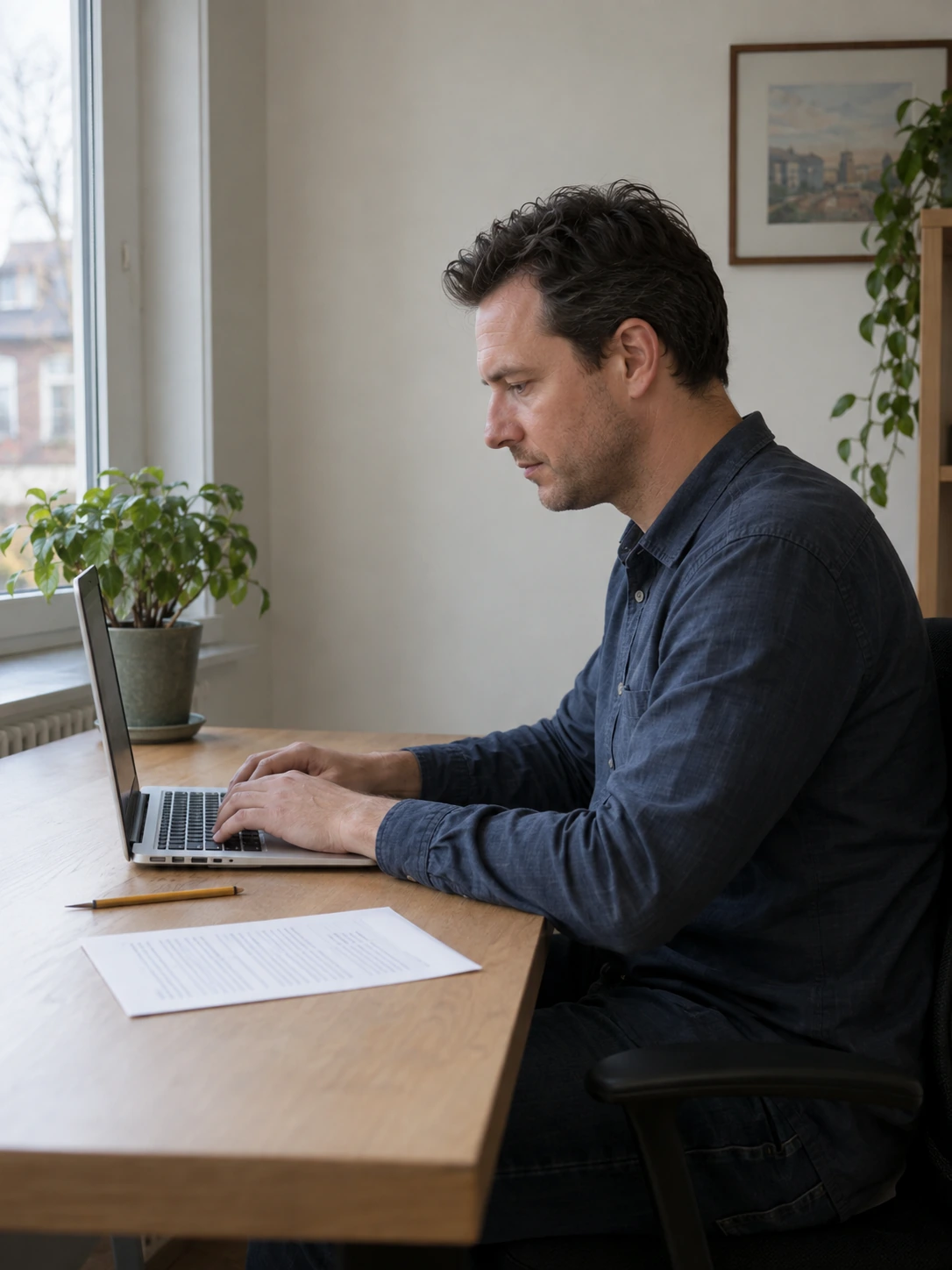 Een auteur registreert zijn boek online op zijn laptop.