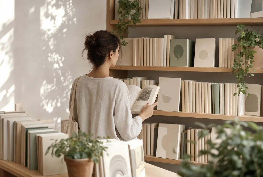 Een bezoeker bladert door een boek bij de houten kasten van de boekhandel.