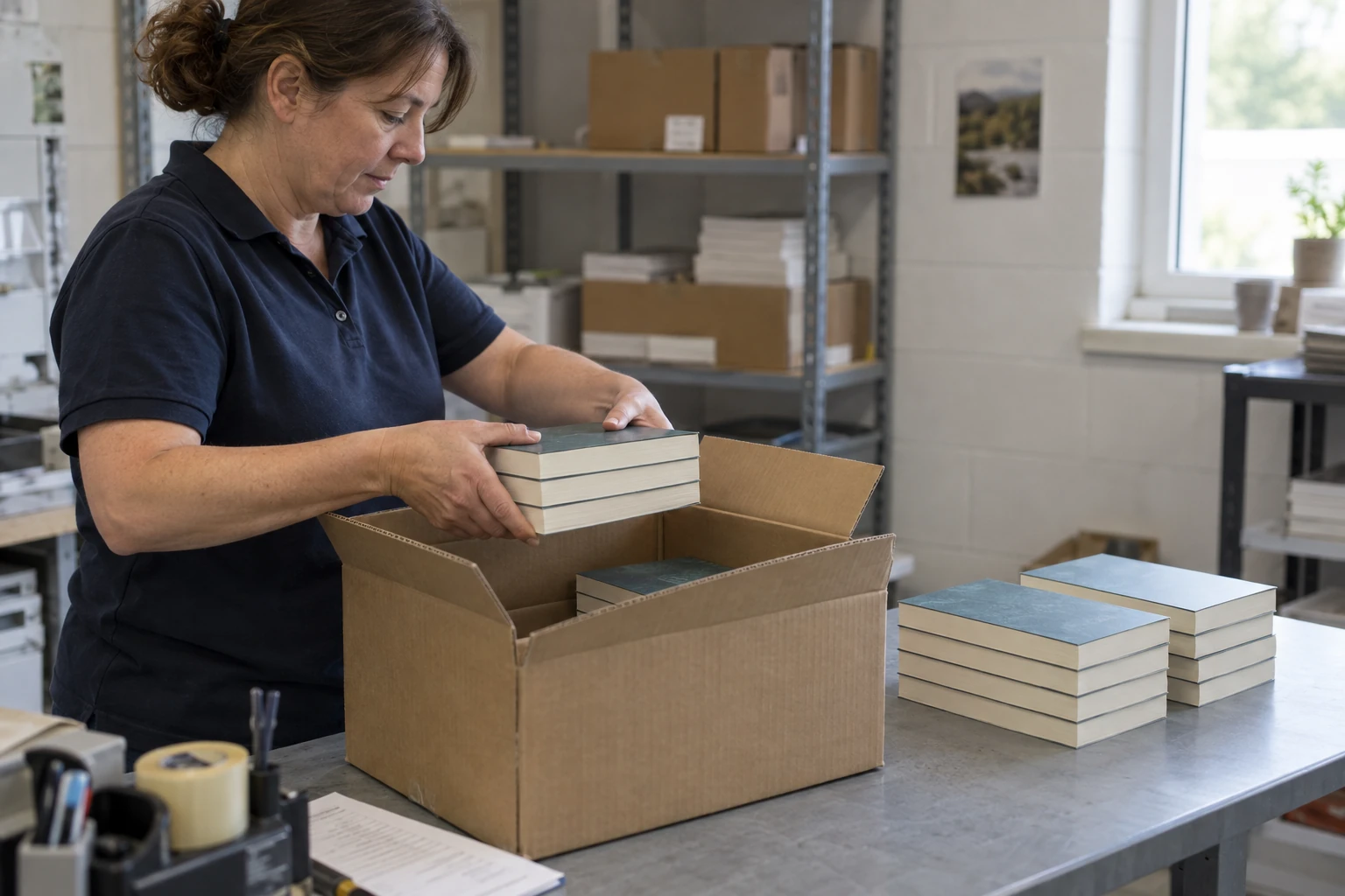 Een medewerker pakt een oplage boeken in bij de drukkerij.