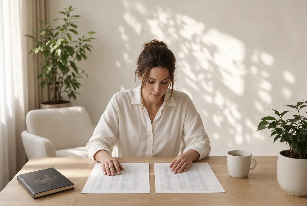 Een vrouw legt aan een houten tafel twee gedrukte offertes naast elkaar en vergelijkt de bedragen erop.