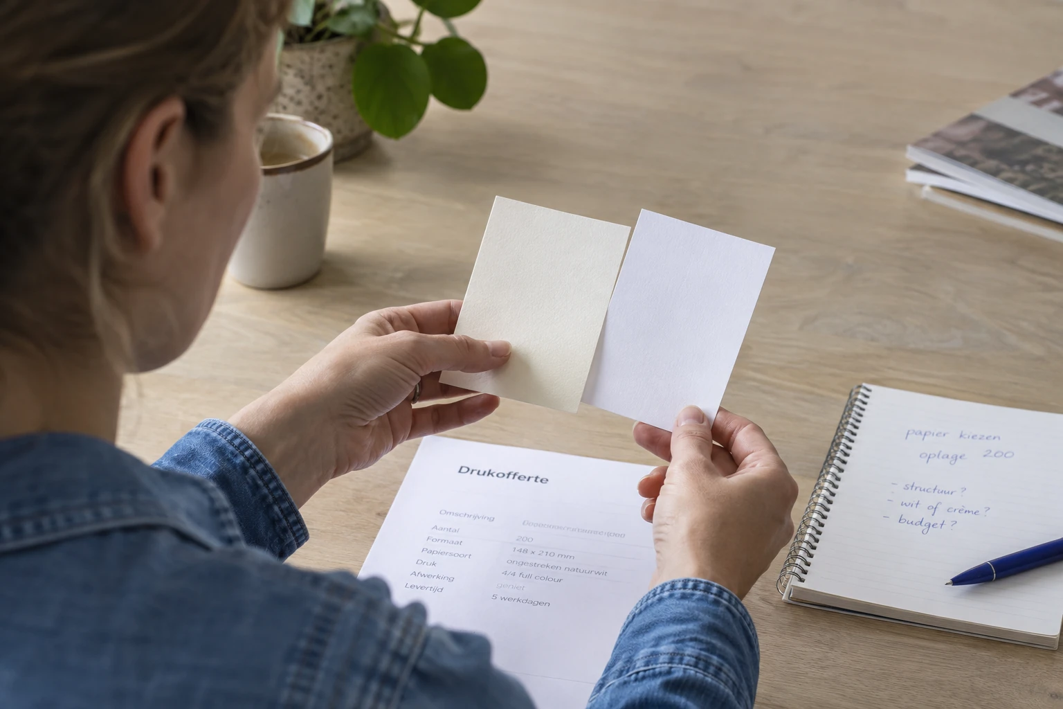 Een auteur vergelijkt papiersoorten en noteert haar keuzes bij een drukofferte.