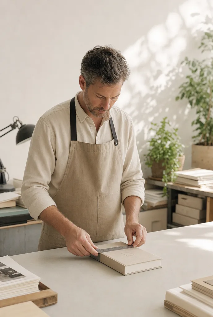 Een boekbinder legt een stalen liniaal langs een afgewerkt gebonden boek op een werktafel, met stapels drukwerk om zich heen.