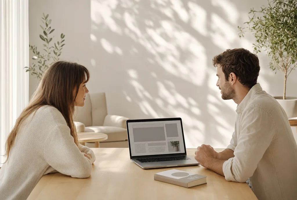 Twee mensen bekijken samen een websiteontwerp op een laptop, met een boek op tafel
