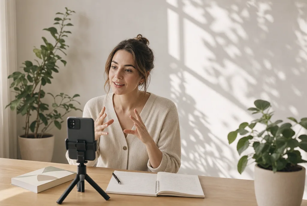 Een auteur neemt met haar telefoon op een statiefje content op voor haar kanalen