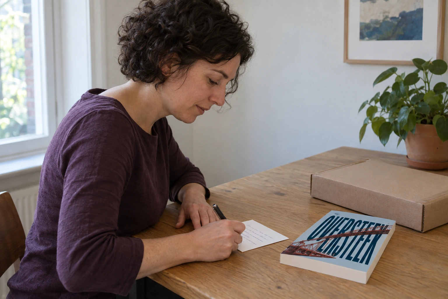 Een auteur schrijft thuis een persoonlijke boodschap voor een lezer.